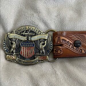 American USA Commemorative Belt Buckle with Brown Leather Strap decorated stamp